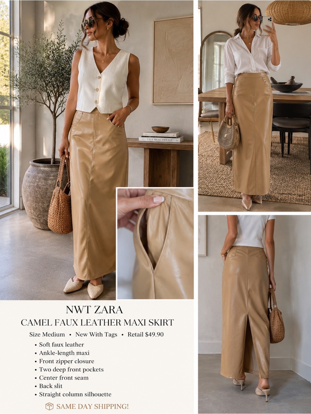 Zara Camel Faux Leather Maxi Skirt Capsule Quiet Luxury Preppy Casual